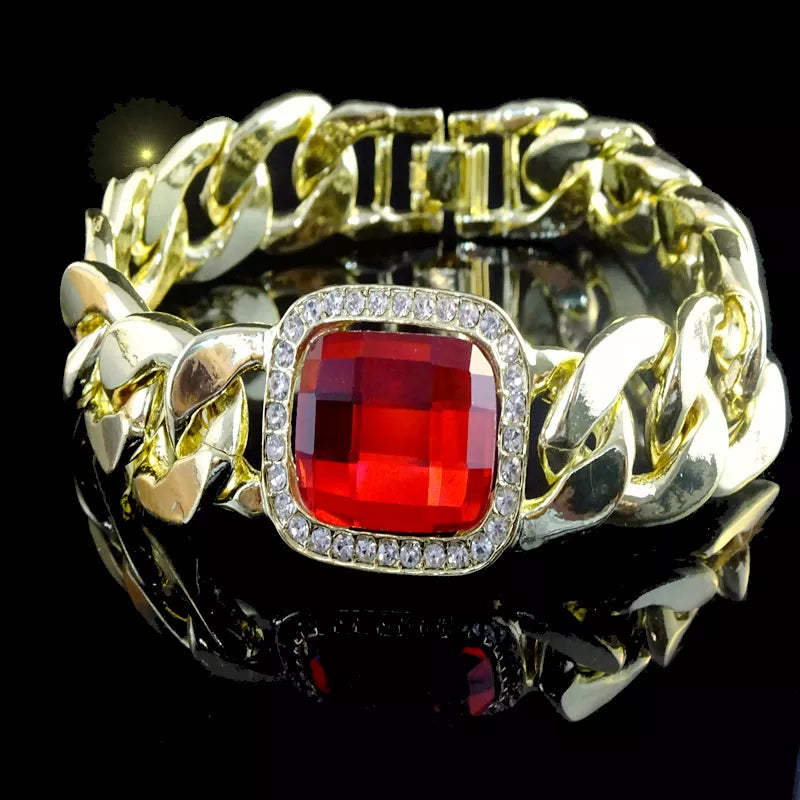 14k Gold Plated Mens Miami Cuban curb chain bracelet with simulated ruby and diamond. 16mm x 8.5 inches