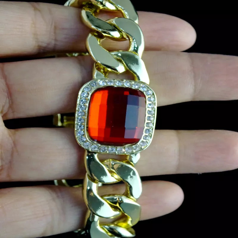 14k Gold Plated Mens Miami Cuban curb chain bracelet with simulated ruby and diamond. 16mm x 8.5 inches