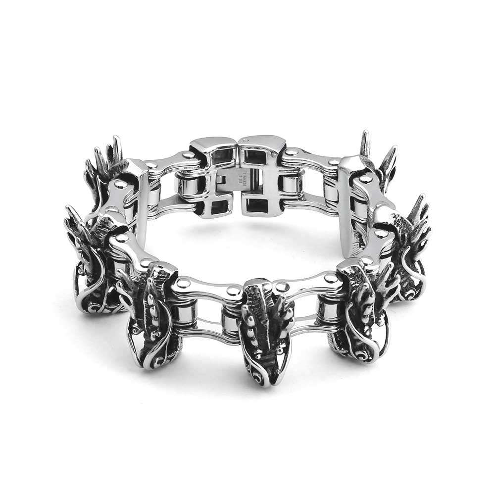 Men's Silver Stainless Steel Flying Skull head Bike Chain Bracelet