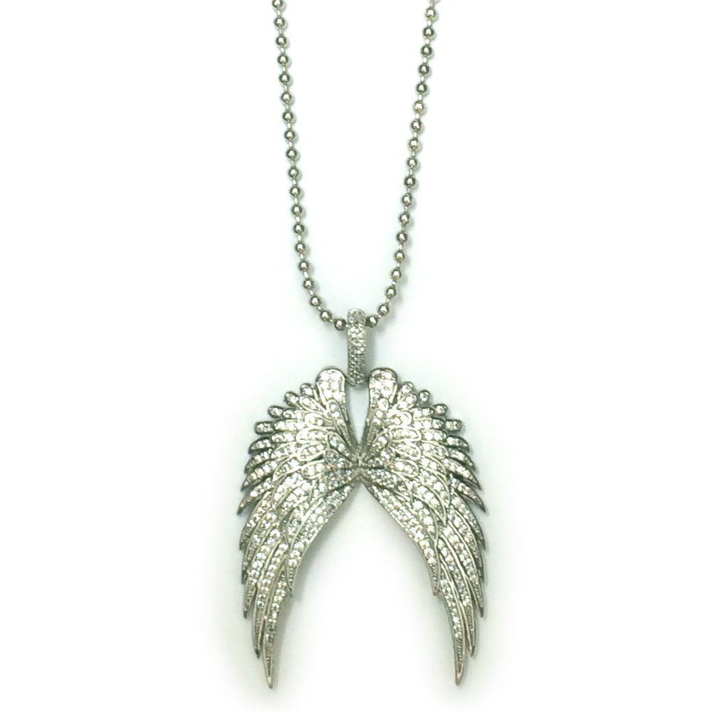 Angel Wings Pendant Encrusted with Cubic Zirconia and 30 Inch Ball Chain