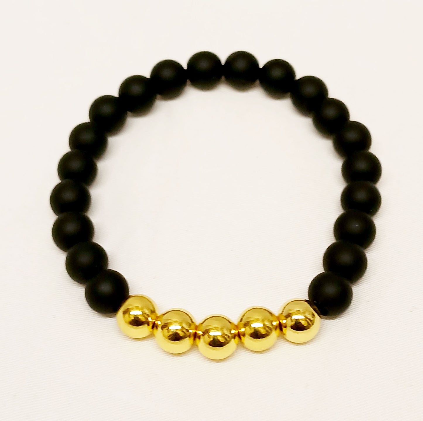 Matte Onyx and Gold Plated Stretch Bracelet, 8mm beads