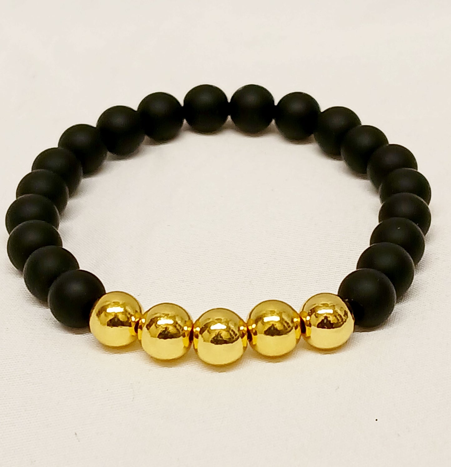 Matte Onyx and Gold Plated Stretch Bracelet, 8mm beads