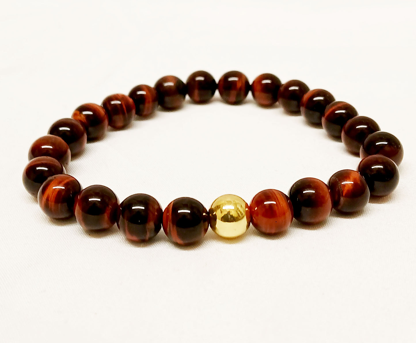 Red Tiger Eye and Gold Plated Stretch Bracelet, 8mm beads
