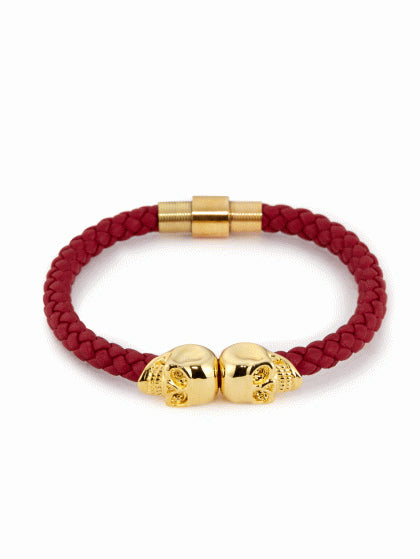 Northskull Deep Red Nappa Leather and 18KT Gold Twin Skull Bracelet 19.5cm