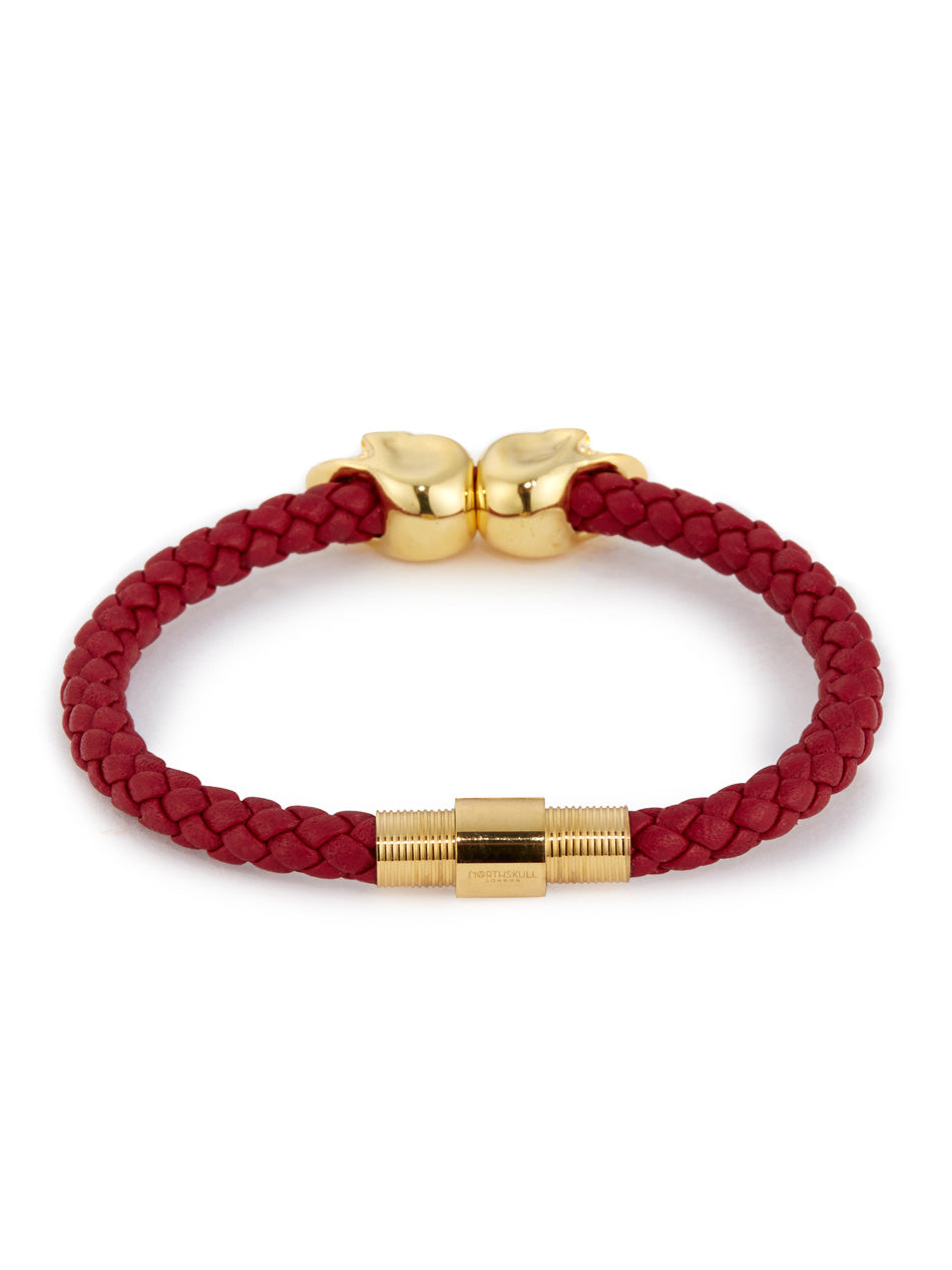 Northskull Deep Red Nappa Leather and 18KT Gold Twin Skull Bracelet 19.5cm