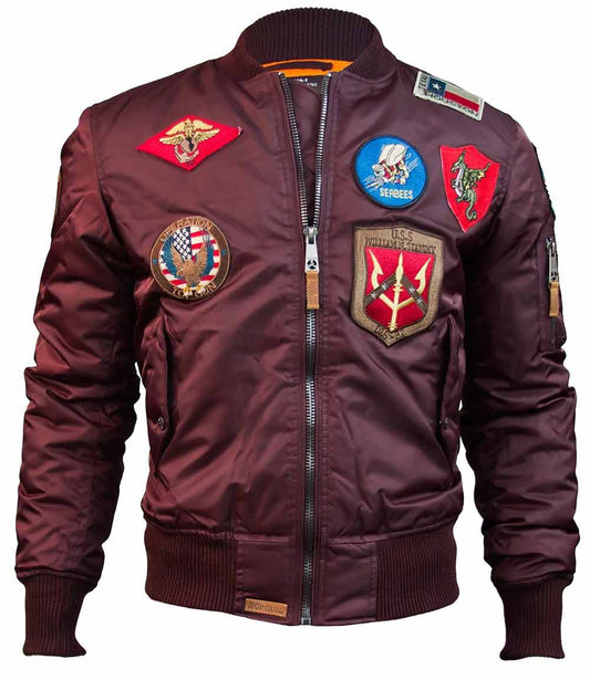 Top Gun MA 1 Nylon Bomber Jacket with Patches Burgundy