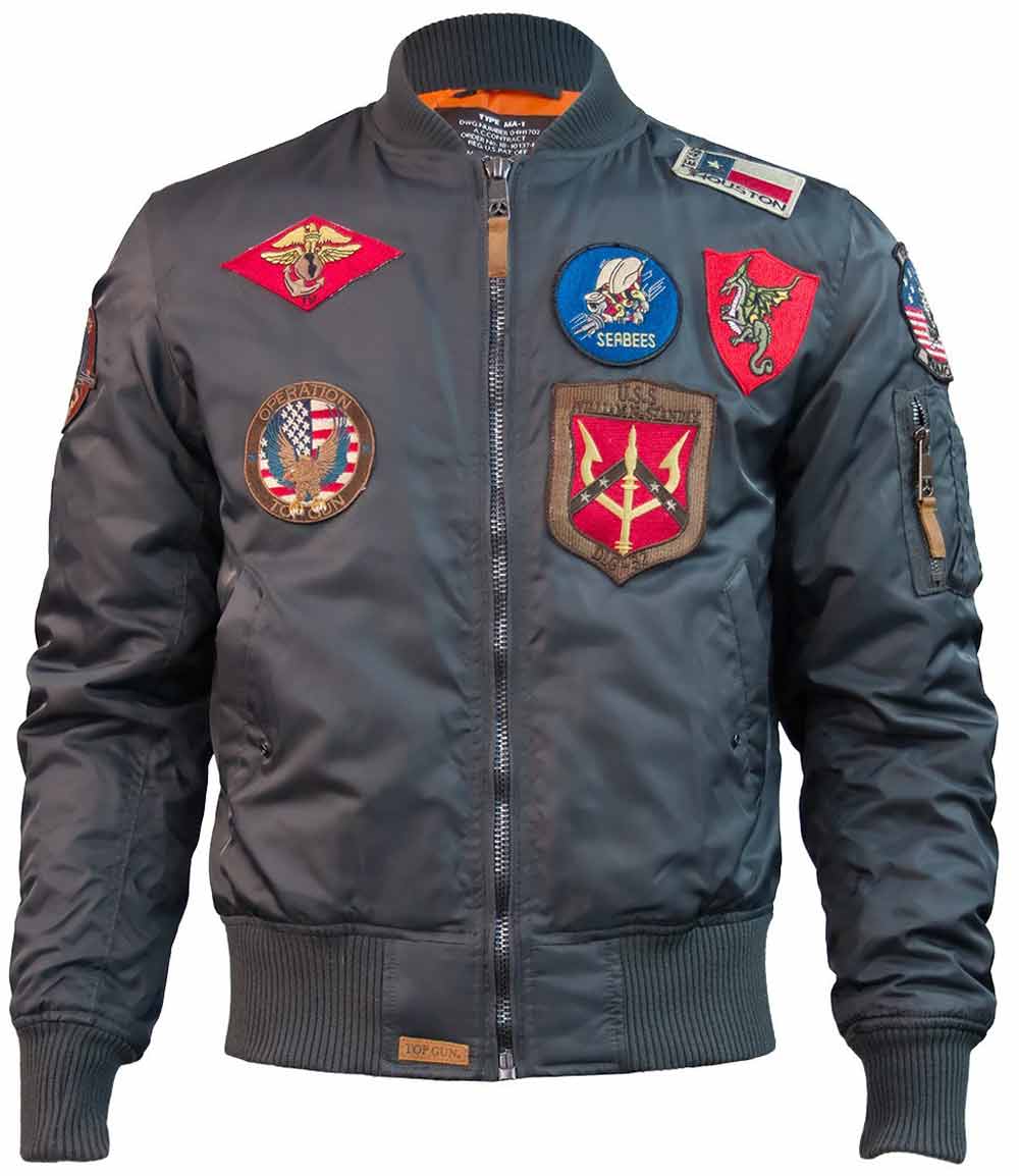 Top Gun MA 1 Nylon Bomber Jacket with Patches Grey