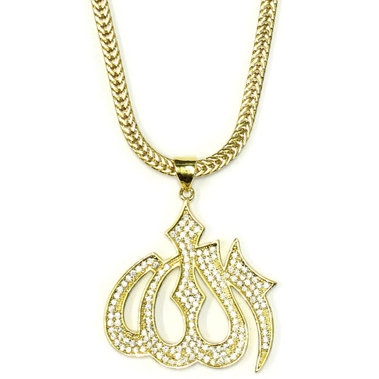 18k Gold Plated CZ Allah Pendant with 1.5mm Flat Franco Box Chain