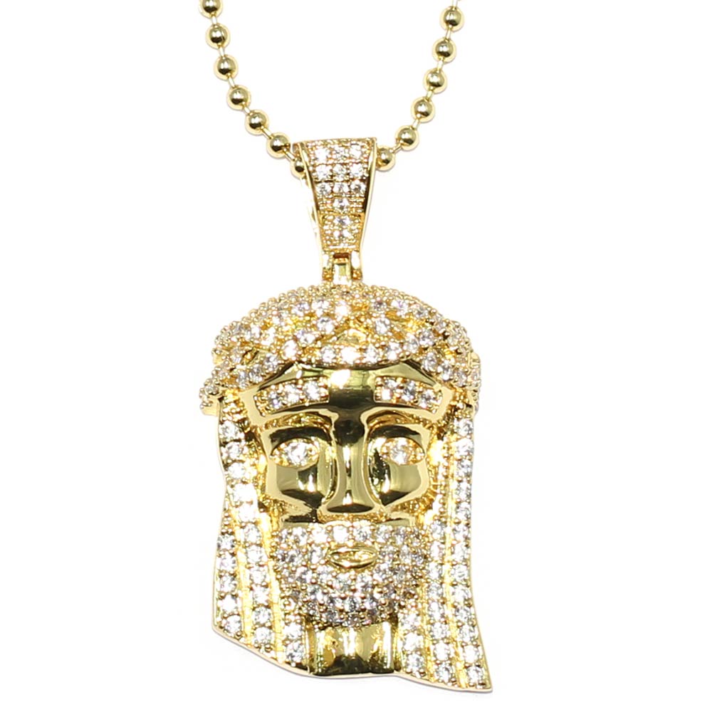 Gold Mini Jesus Piece with Crystal Detail and 30 inch ball chain