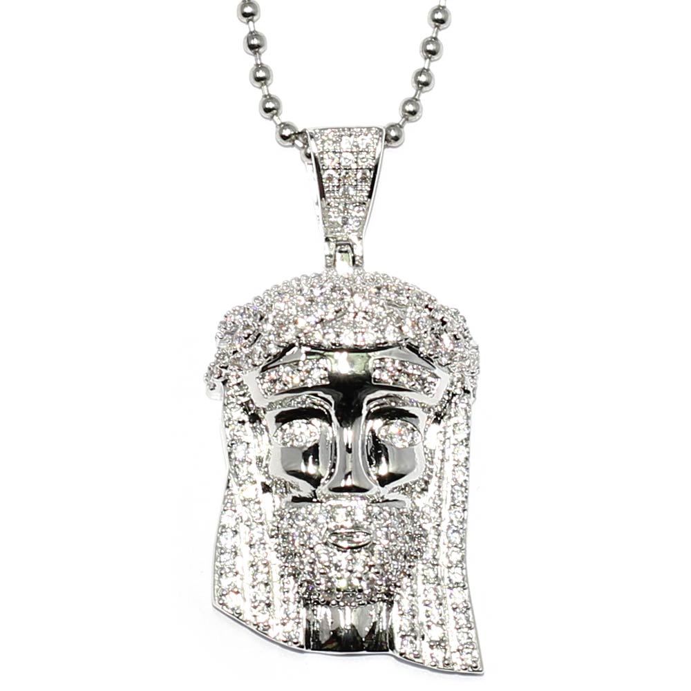 Silver Mini Jesus Piece with Crystal Detail and 30 inch ball chain