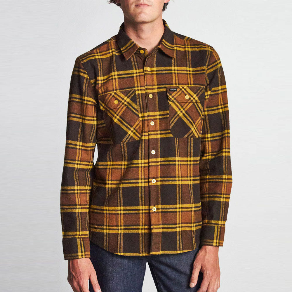 Brixton Bowery Flannel Long Sleeve Shirt Brown Gold