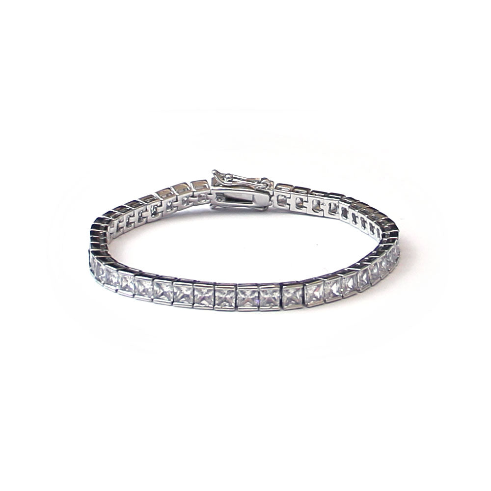 Platinum Plated CZ Tennis Bracelet Square Cut 4mm