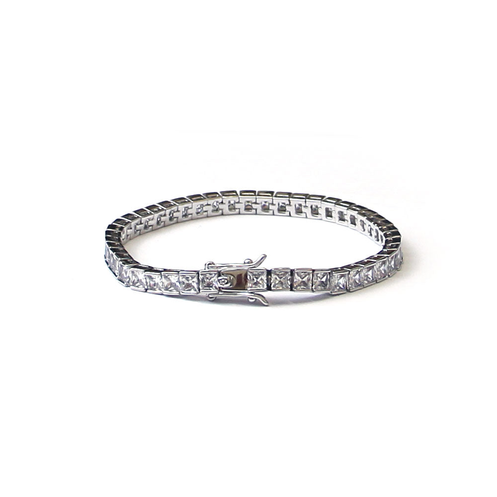 Platinum Plated CZ Tennis Bracelet Square Cut 4mm