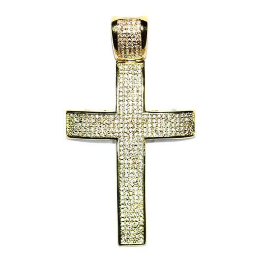 18k Gold Plated CZ Cross Pendant 2 inches with Flat Franco Chain 30 inches