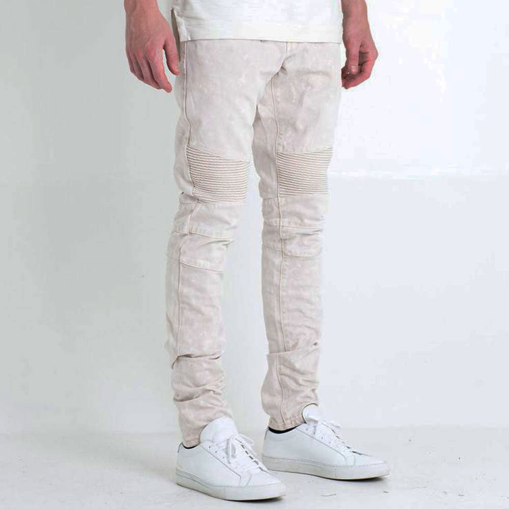 Embellish Fist Biker Denim Jeans Off White