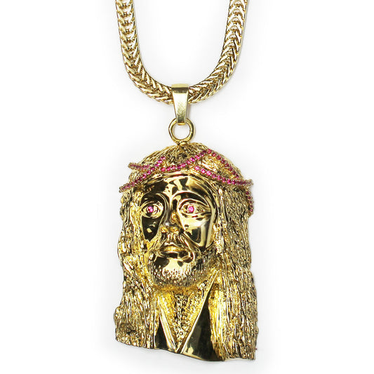 18k Gold Plated XL Jesus Pendant with Red CZ Crown 2.25 inches