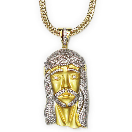 Matte Gold Plated CZ XL Jesus Pendant 2.5 Inches long x 1.5 inches wide