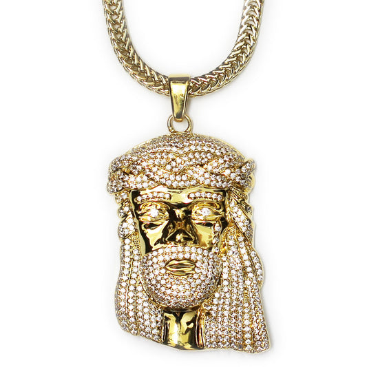 18k Gold Plated CZ XL Jesus Pendant 2 inches