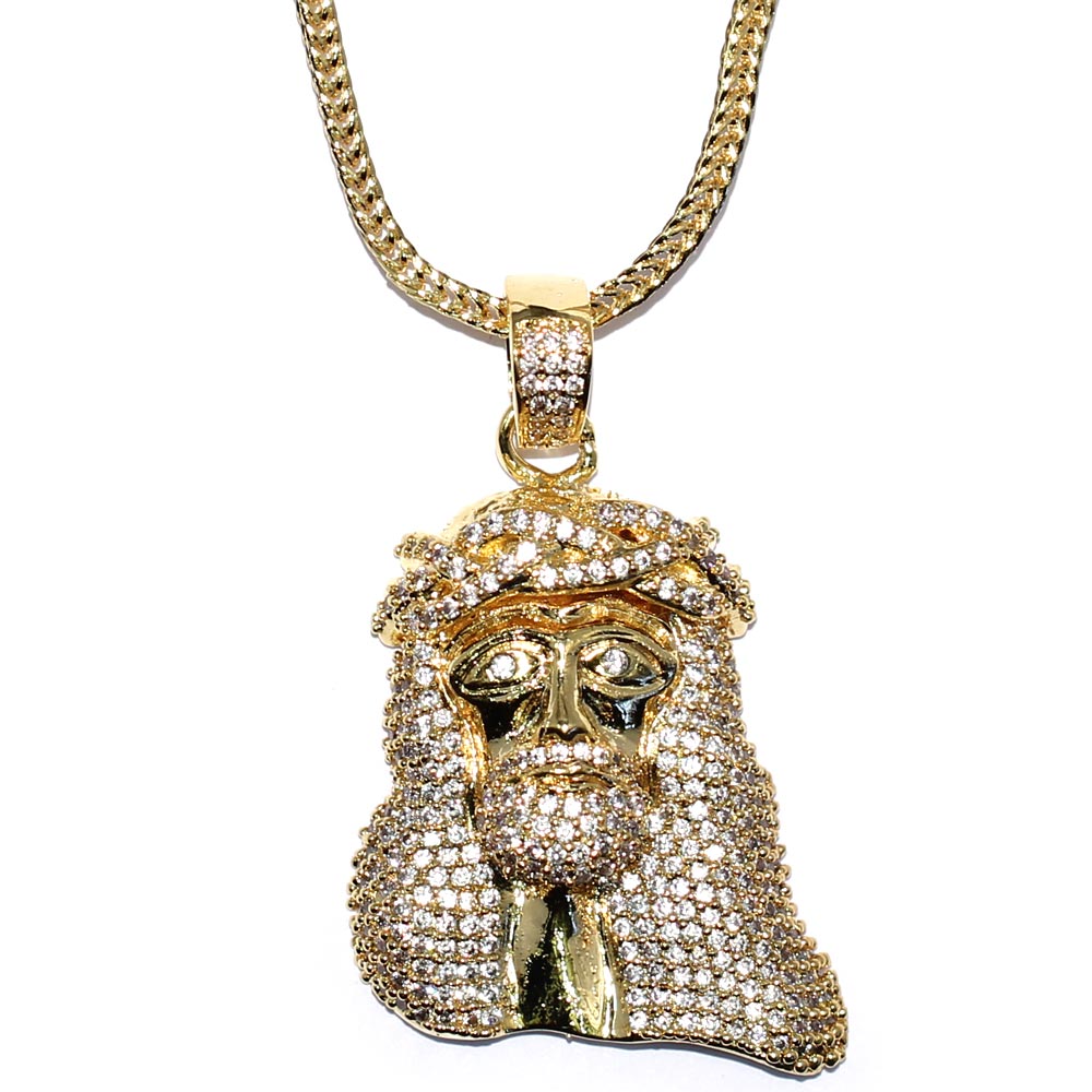 18k Gold Plated 1.5 inch CZ Mini Jesus Piece with 32 inch Franco Chain