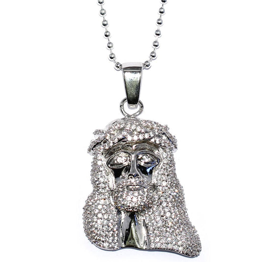 Silver Plated 1.5 inch CZ Mini Jesus Piece with 32 inch Franco Chain