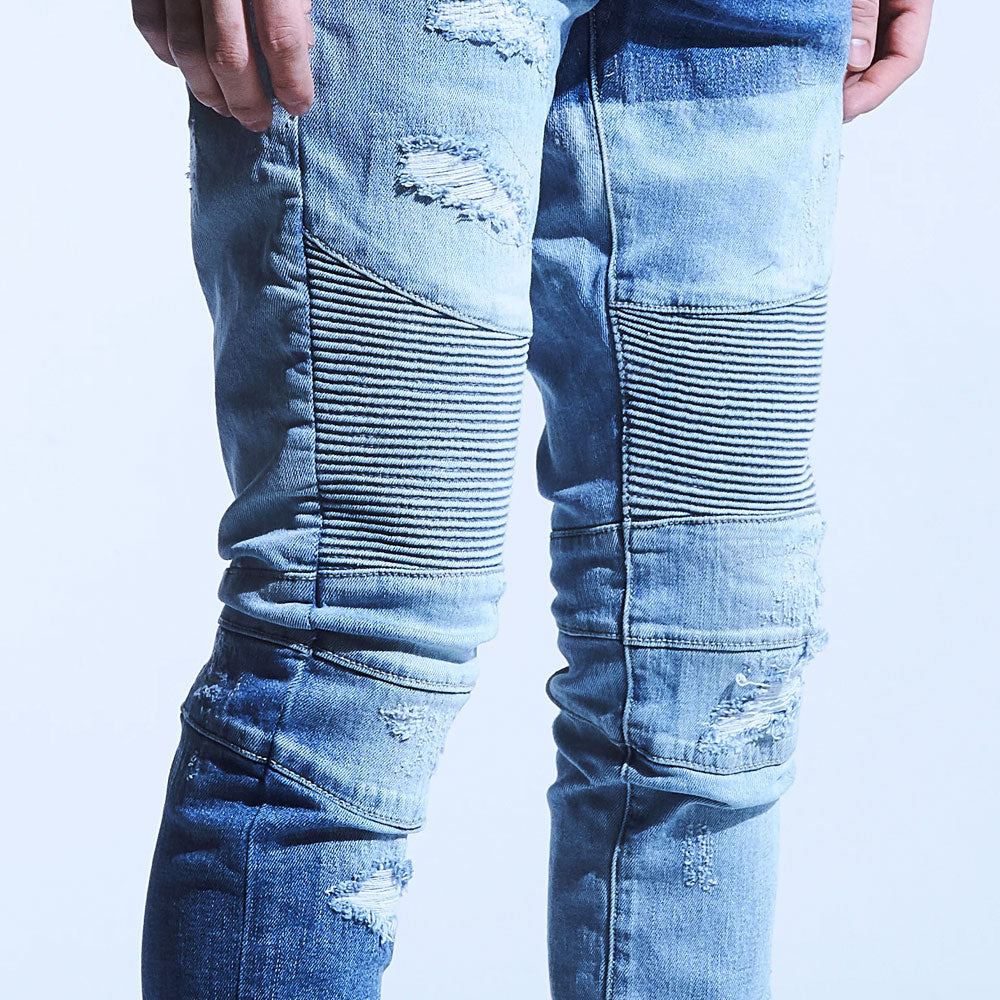 Embellish Langford Biker Denim Jeans Patchwork Light Indigo