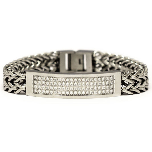 Silver Tone Stainless Steel 2 Row CZ Franco Link ID Bracelet 8 Inches