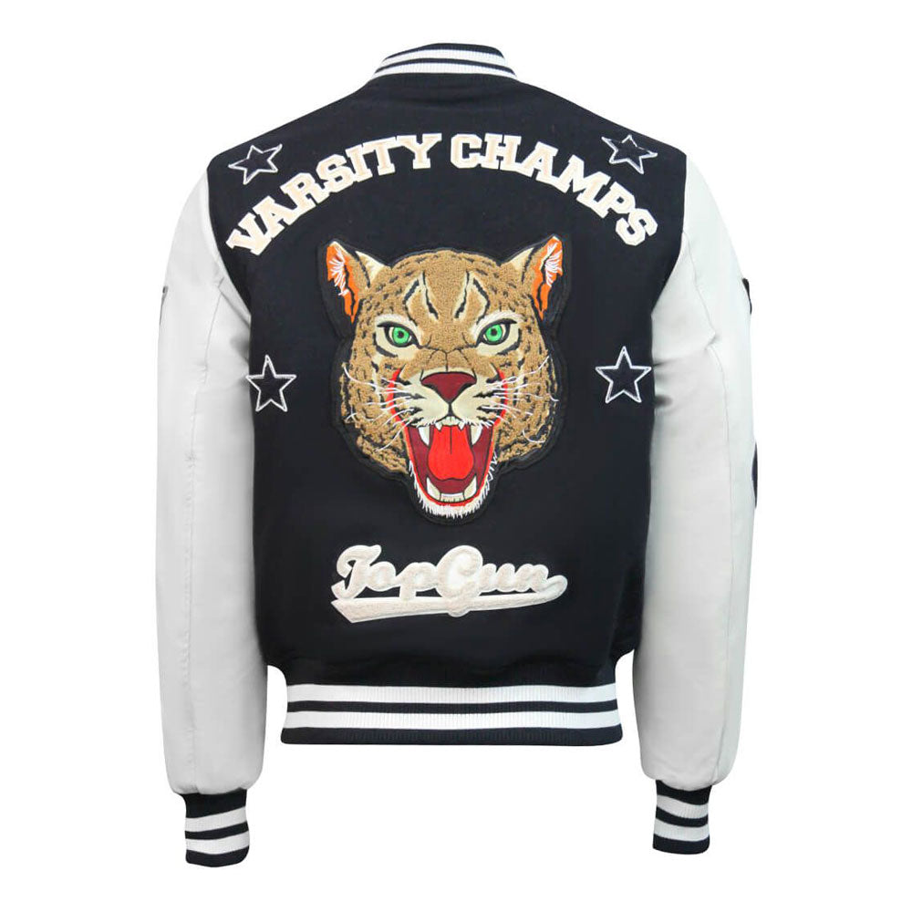 Top Gun Leopard Wool PU Bomber Jacket Navy