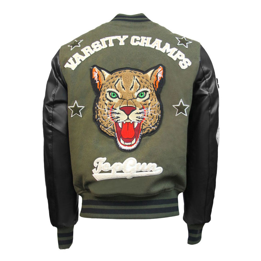 Top Gun Leopard Wool PU Bomber Jacket Green