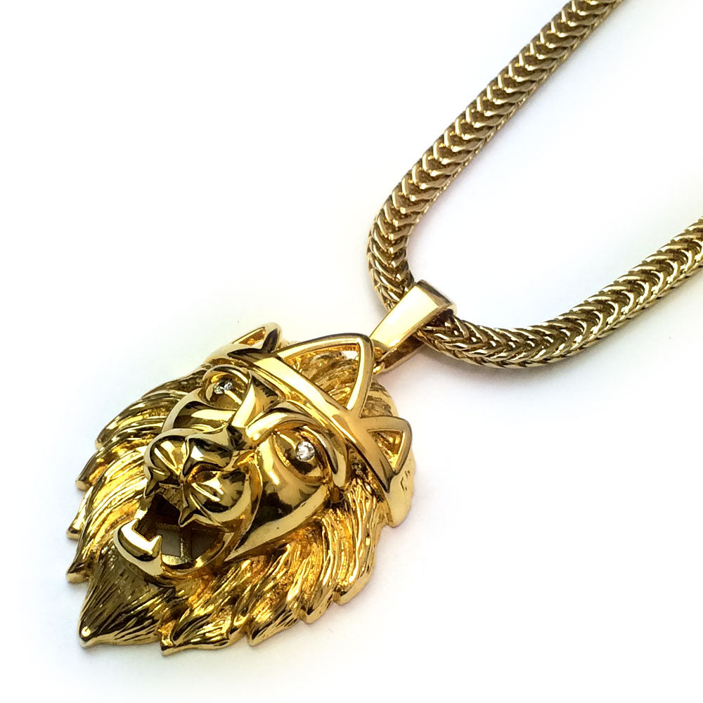 18kt Gold Plated Sterling Silver King Lion Pendant with Franco Chain