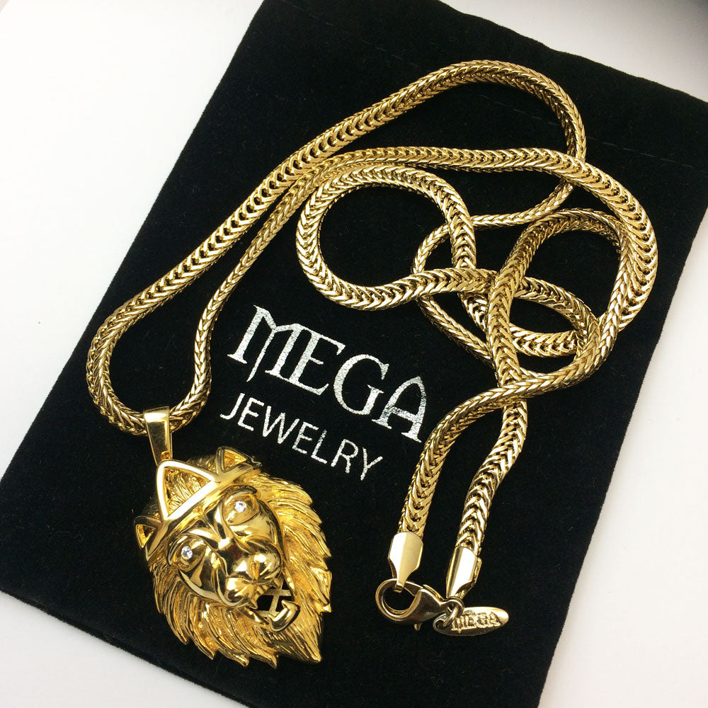 18kt Gold Plated Sterling Silver King Lion Pendant with Franco Chain