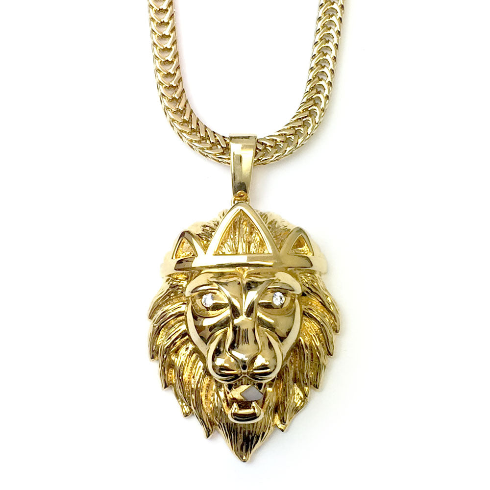 18kt Gold Plated Sterling Silver King Lion Pendant with Franco Chain