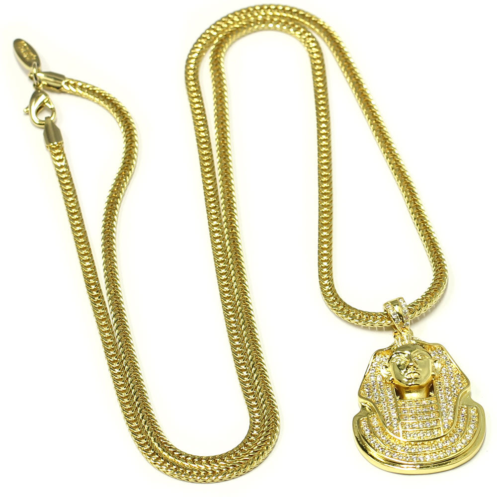 18k Gold Plated CZ Pharaoh King Tut Pendant 1.5 inches with 30 in Flat Franco Chain