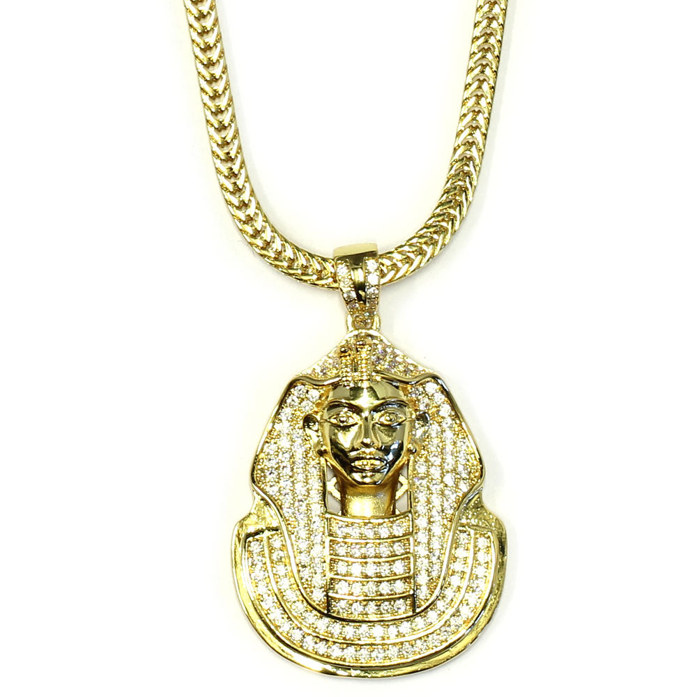 18k Gold Plated CZ Pharaoh King Tut Pendant 1.5 inches with 30 in Flat Franco Chain