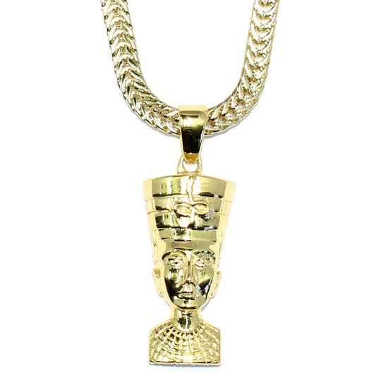 Gold Queen Nefertiti Pendant with 18 kt Gold plated Flat Franco Box Chain