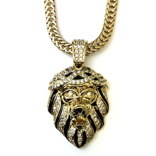 18k Gold Plated CZ Roaring Lion Pendant 1.2 inch with 30 inch Franco Chain