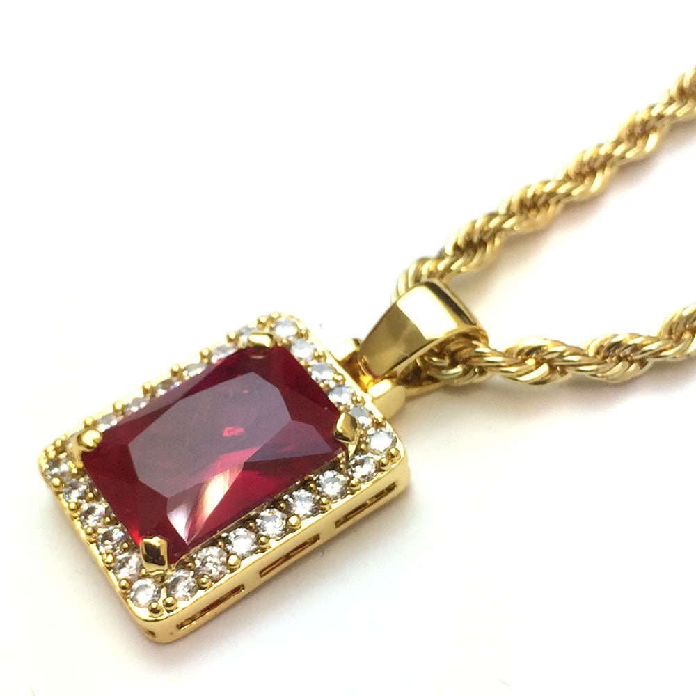 18k Gold Plated CZ Framed Ruby Pendant With 4mm Rope Chain 24 Inches Long