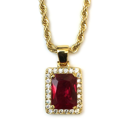 18k Gold Plated CZ Framed Ruby Pendant With 4mm Rope Chain 24 Inches Long