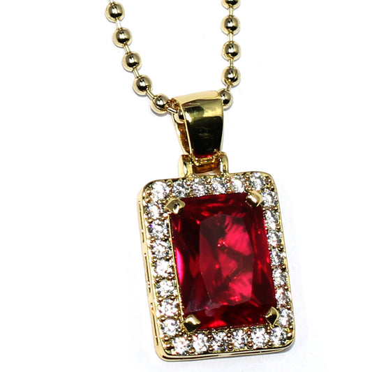 18k Gold Plated CZ Framed Ruby Pendant 20mm with 30 inch Ball Chain High Quality
