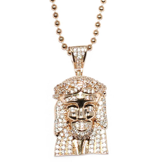 Rose Gold Plated CZ Micro Jesus Piece With 30 Inch Ball Chain