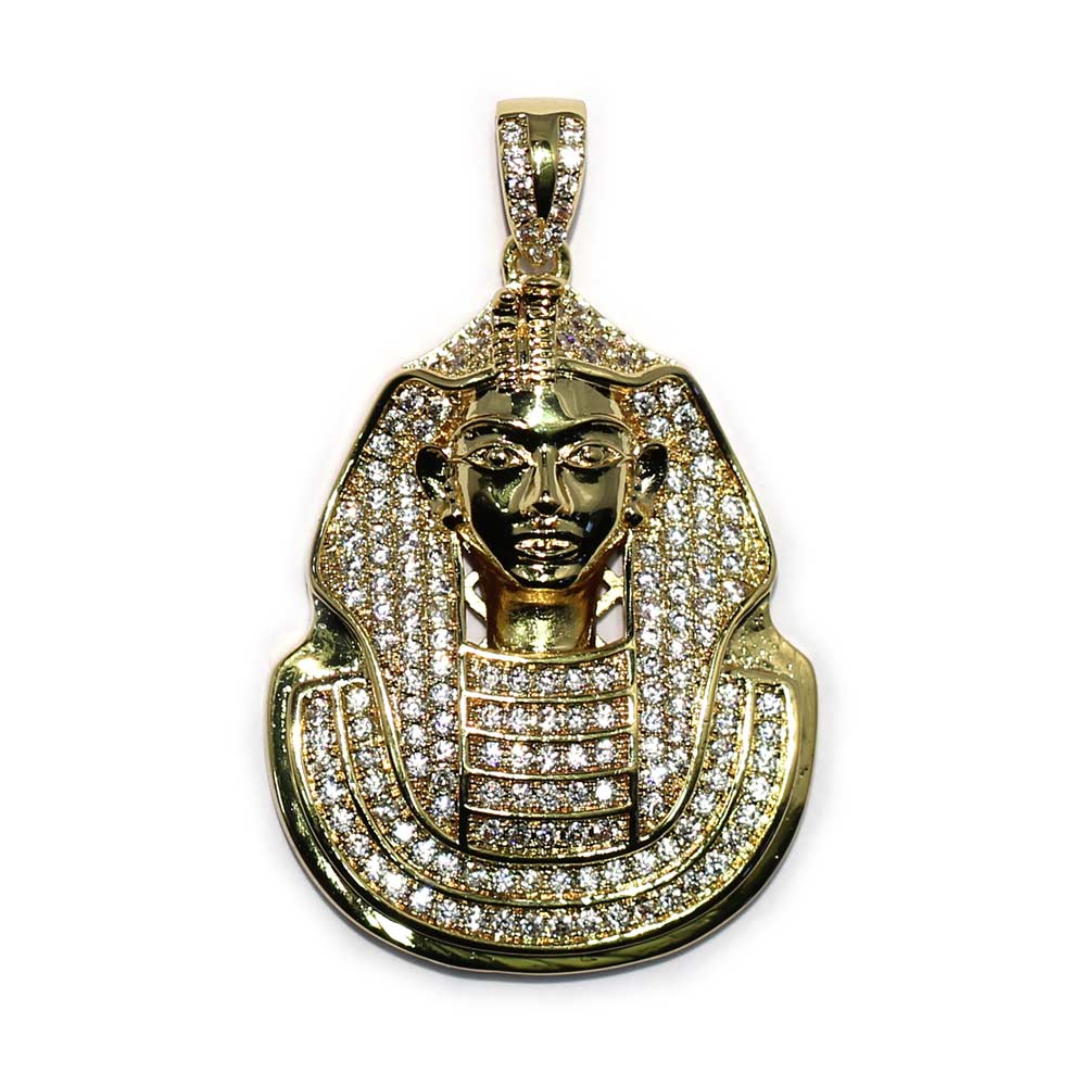 18k Gold Plated CZ Pharaoh King Tut Pendant 1.5 inches with 30 in Flat Franco Chain