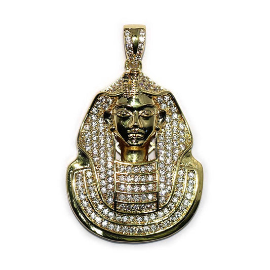 18k Gold Plated CZ Pharaoh King Tut Pendant 1.5 inches with 30 in Flat Franco Chain