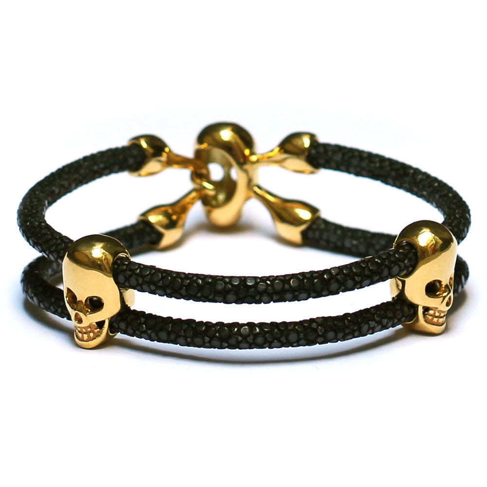 Lavriche Stingray Bracelet Leather with 18K Gold Plated Skull Beads High Quality