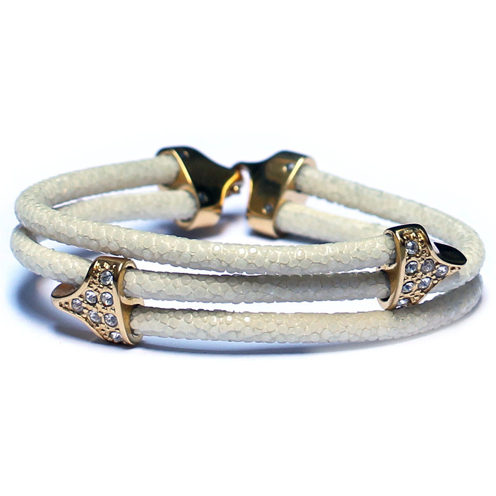 Lavriche Stingray White Leather Bracelet 18k Gold Plated and CZ High Quality