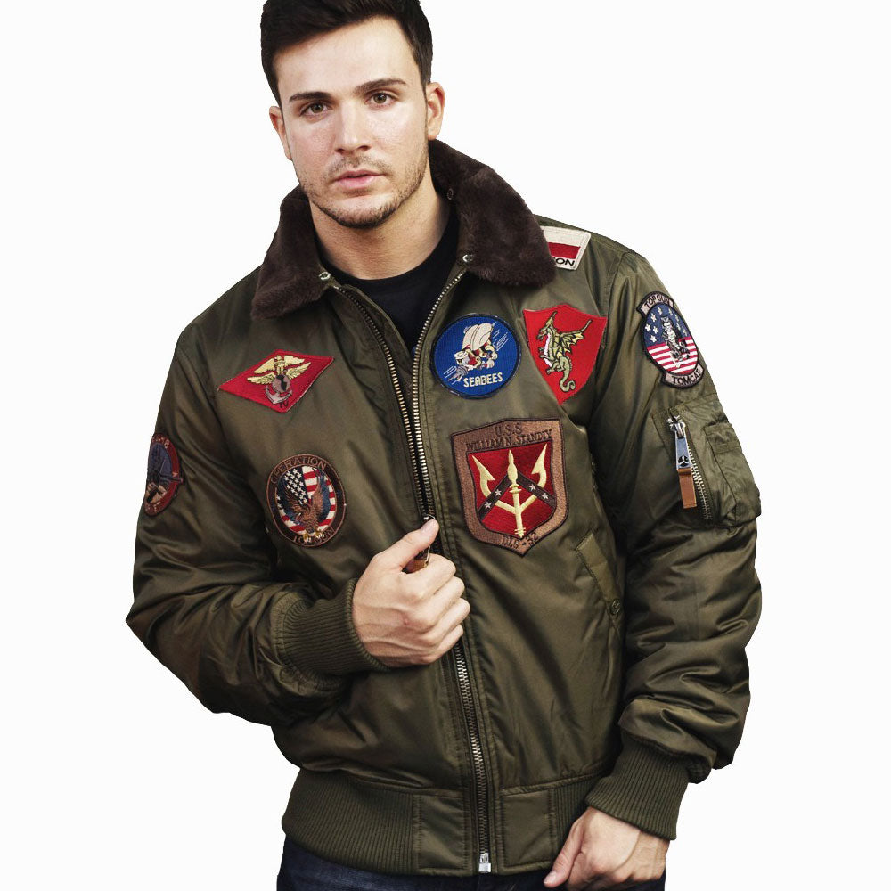 Top Gun Official B 15 Mens Flight Bomber Jacket with Patches Olive