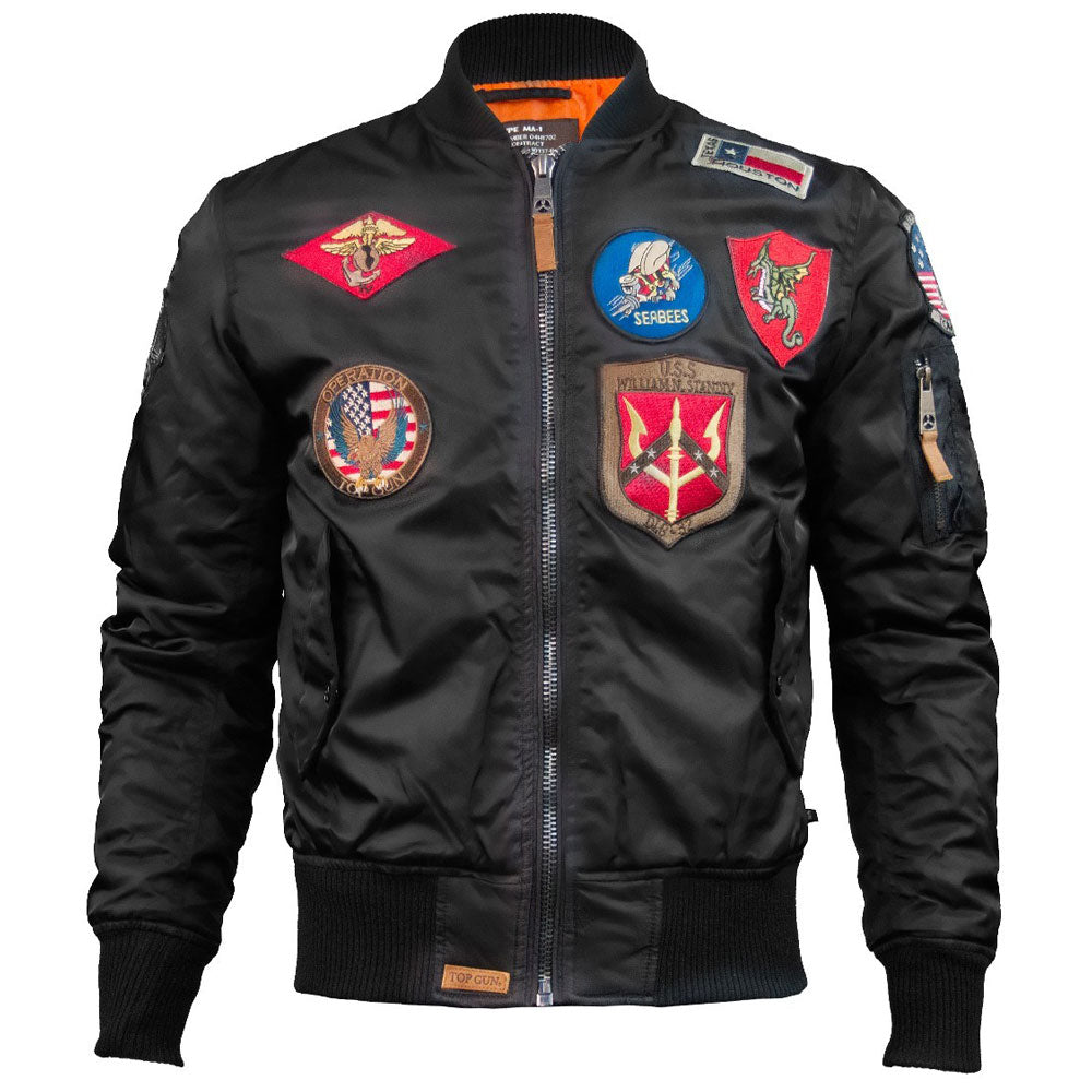 Top Gun MA 1 Nylon Bomber Jacket with Patches Black