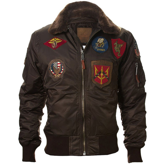 Top Gun Official B 15 Mens Flight Bomber Jacket with Patches Brown