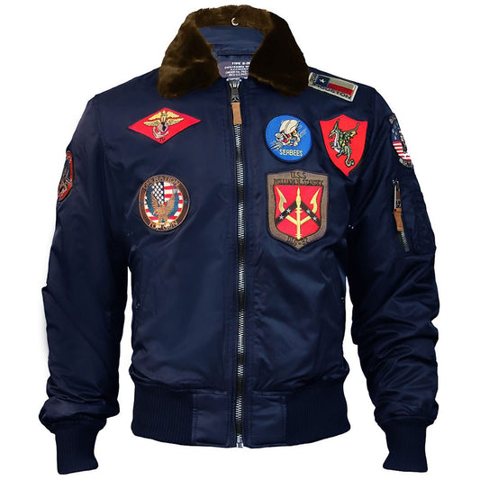 Top Gun Official B 15 Mens Flight Bomber Jacket with Patches Navy