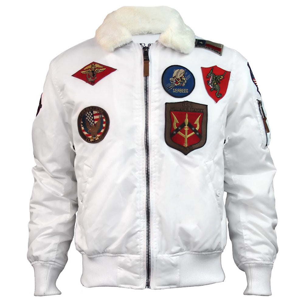 Top Gun Official B 15 Mens Flight Bomber Jacket with Patches White