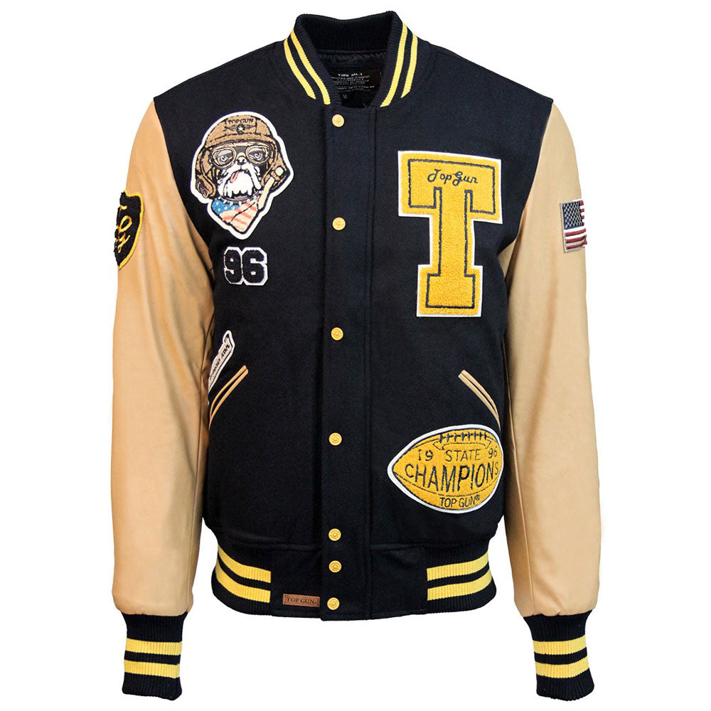 Top Gun Wool Leather Top Dog Varsity Bomber Jacket Navy