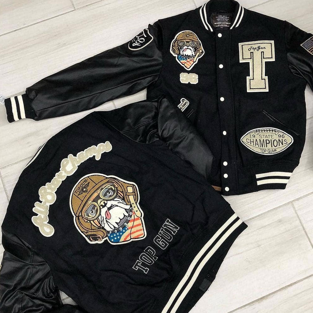 Top Gun Wool Leather Top Dog Varsity Bomber Jacket